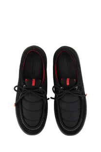Black quilted canvas moon boot unisex mtrack wallaby low boat shoes with red accents and black laces