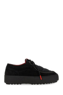 Black suede Moon Boot unisex Mtrack Wallaby low sneaker with quilted detailing red lining laces and chunky platform sole