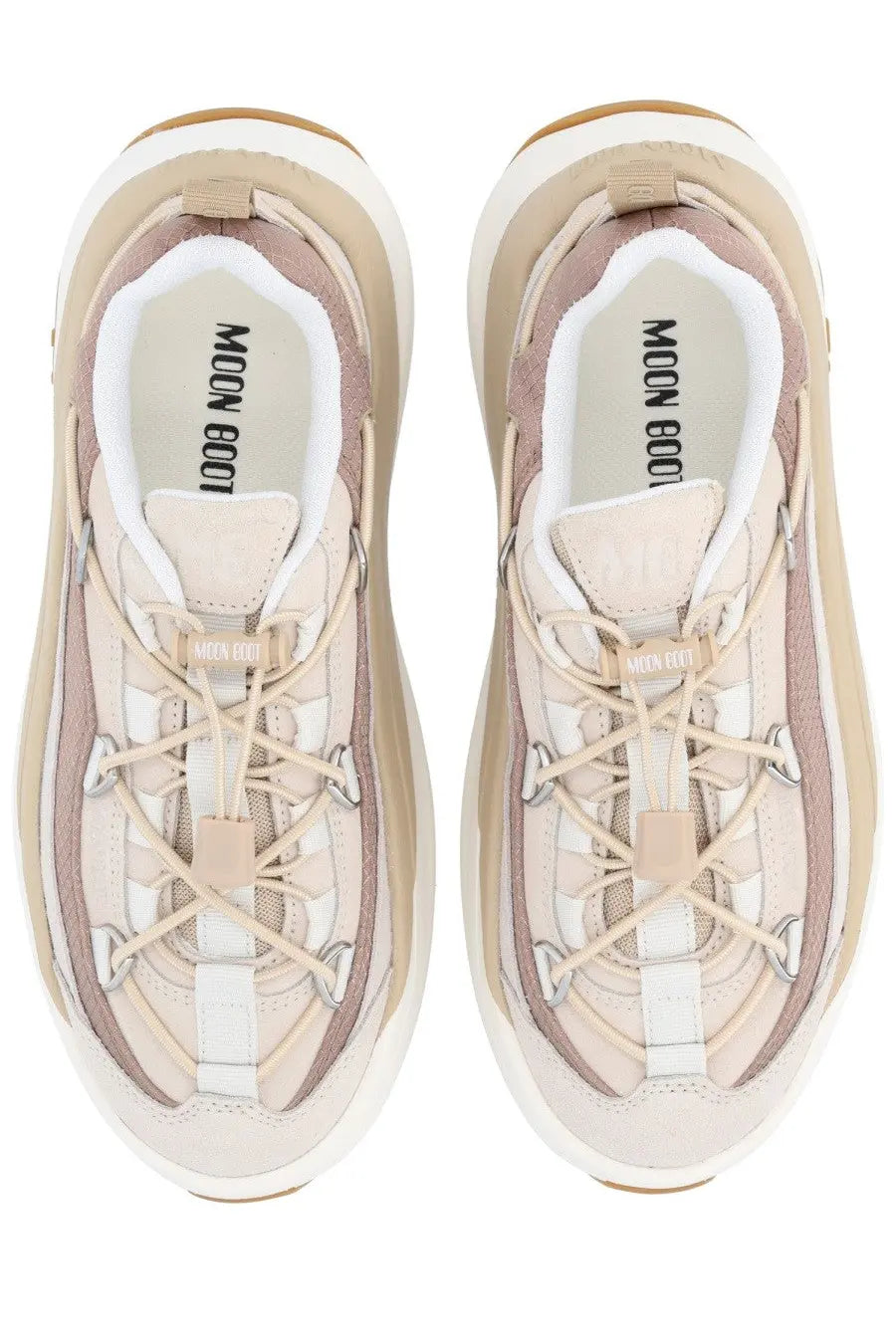 Beige moon boot unisex sneaker with chunky sole layered mesh and leather panels for stylish casual wear