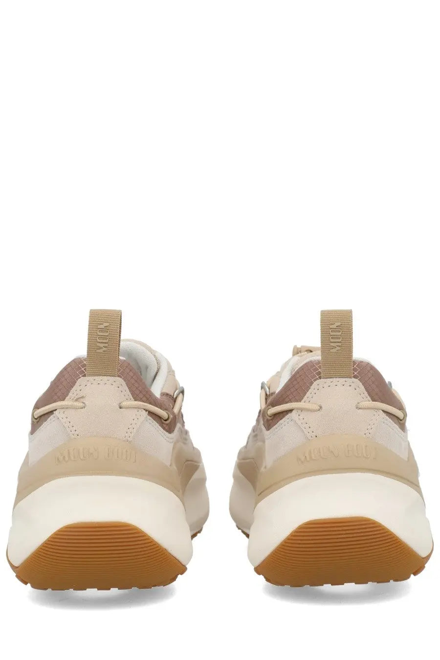 Back view of moon boot unisex sneaker beige with beige tan suede mesh upper chunky white midsole and gum rubber outsole