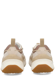 Back view of moon boot unisex sneaker beige with beige tan suede mesh upper chunky white midsole and gum rubber outsole