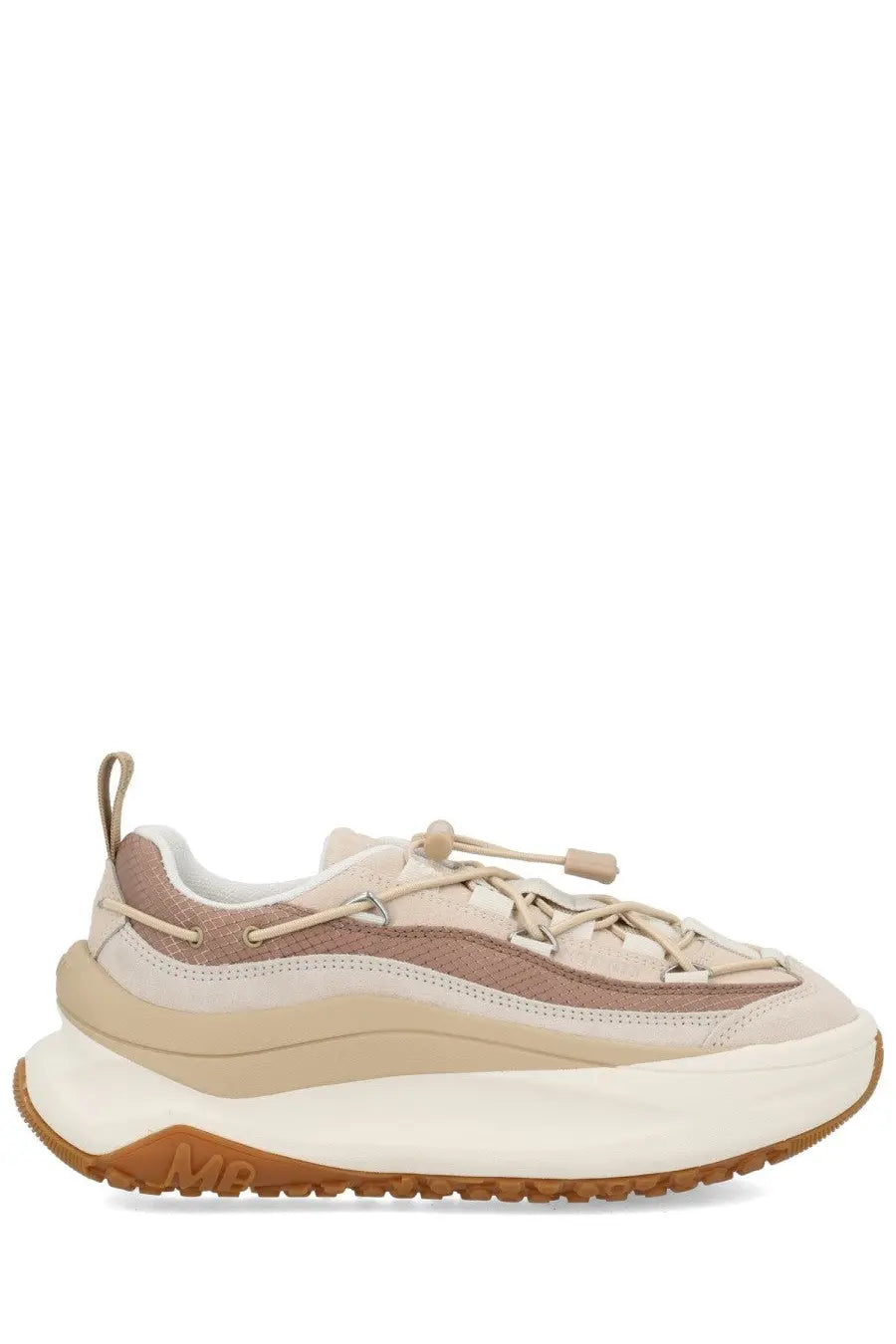 Moon Boot unisex sneaker beige with chunky beige and taupe suede mesh upper white midsole and brown rubber outsole