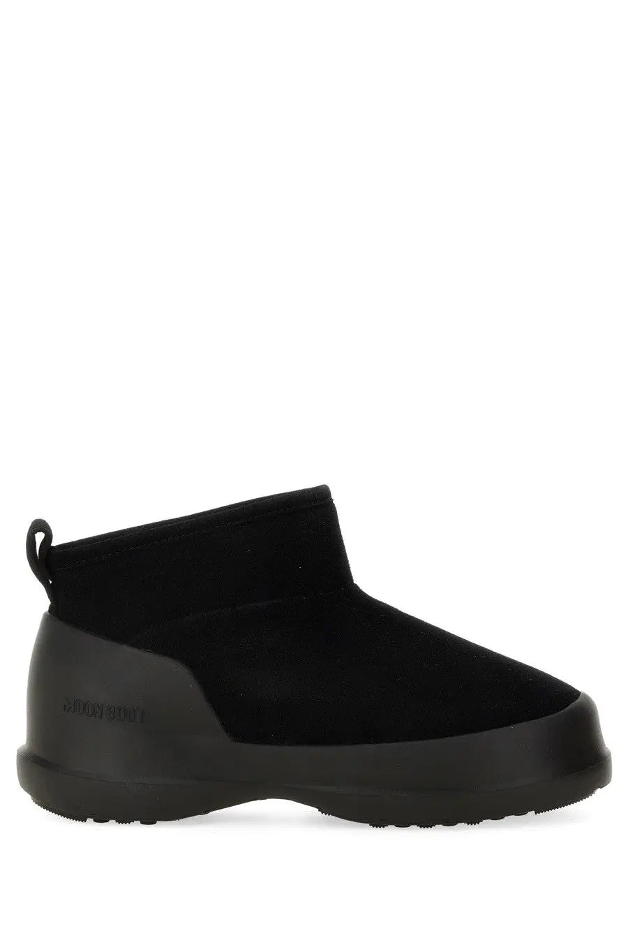 Black suede ankle boot with rubber sole and pull tab from moon boot womens moon boot black product line