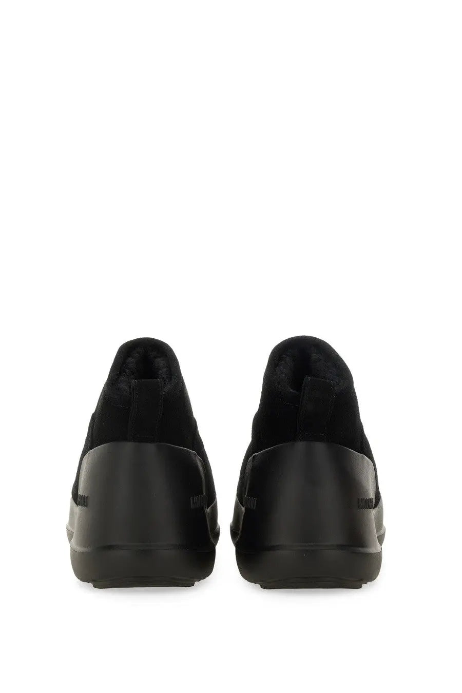Moon Boot women’s black suede slip-on sneakers with chunky rubber sole and plush lining for comfort and style