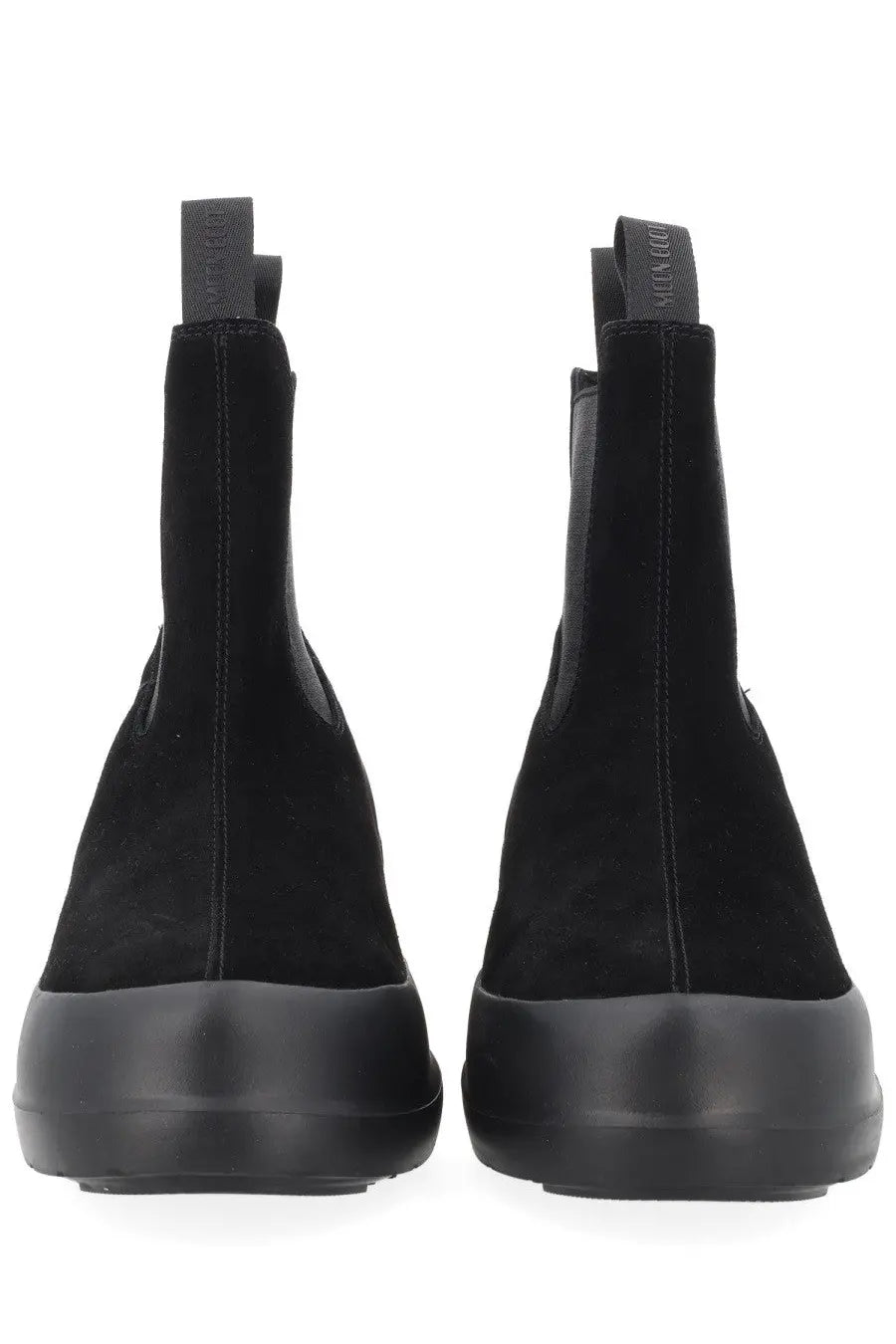 Moon boot women’s chelsea boot moon black shown from the back with black suede, chunky sole, and pull tabs