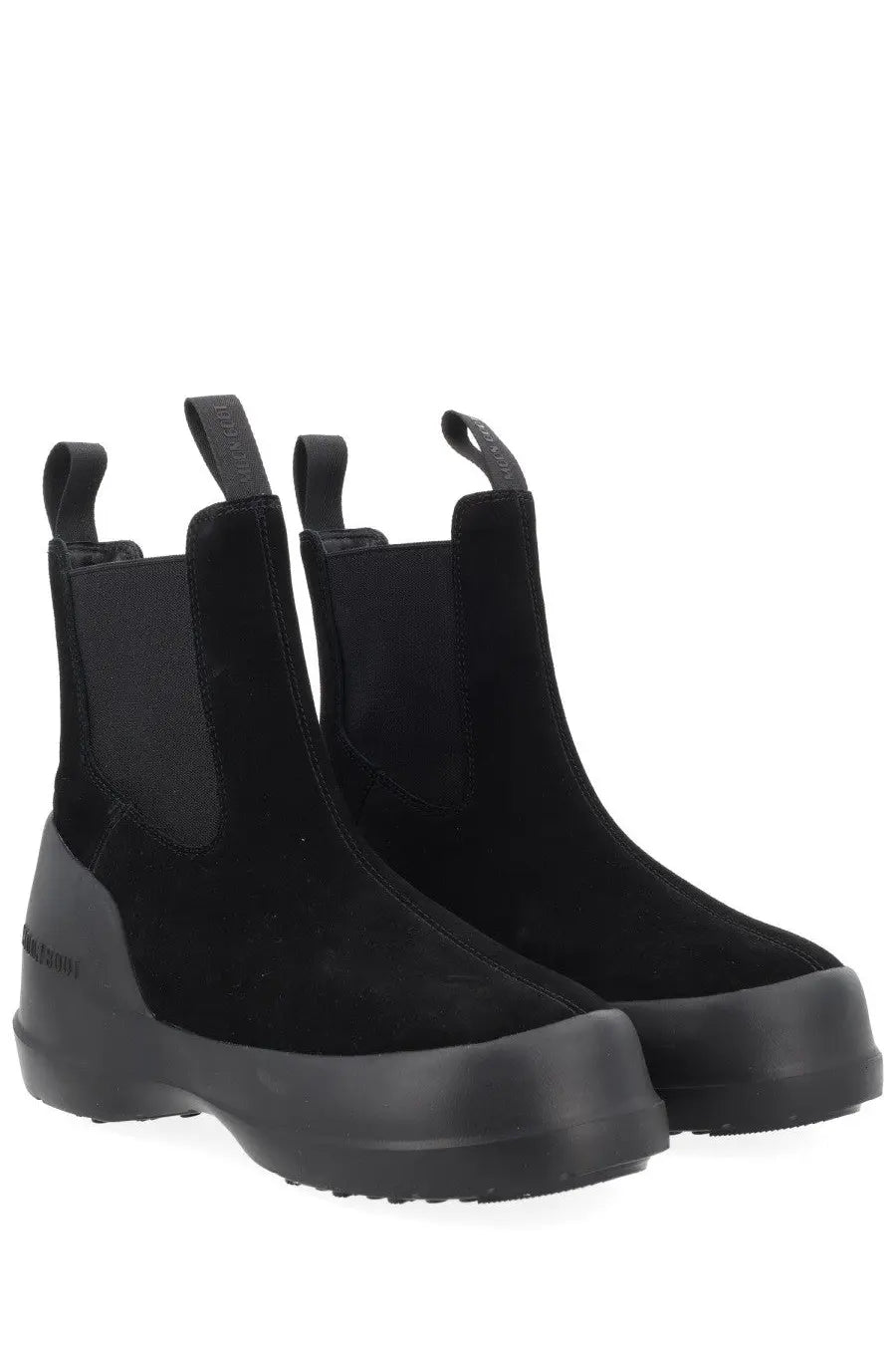 Moon boot women’s chelsea boot moon black in black suede with chunky rubber sole and pull tabs shown from the back