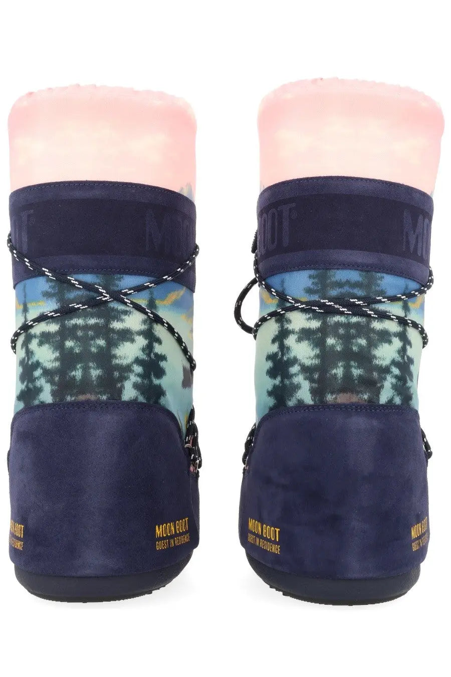 Moon Boot women’s navy blue suede moon boot with forest scene print and pink plush lining for winter wear