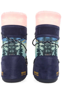 Moon Boot women’s navy blue suede moon boot with forest scene print and pink plush lining for winter wear
