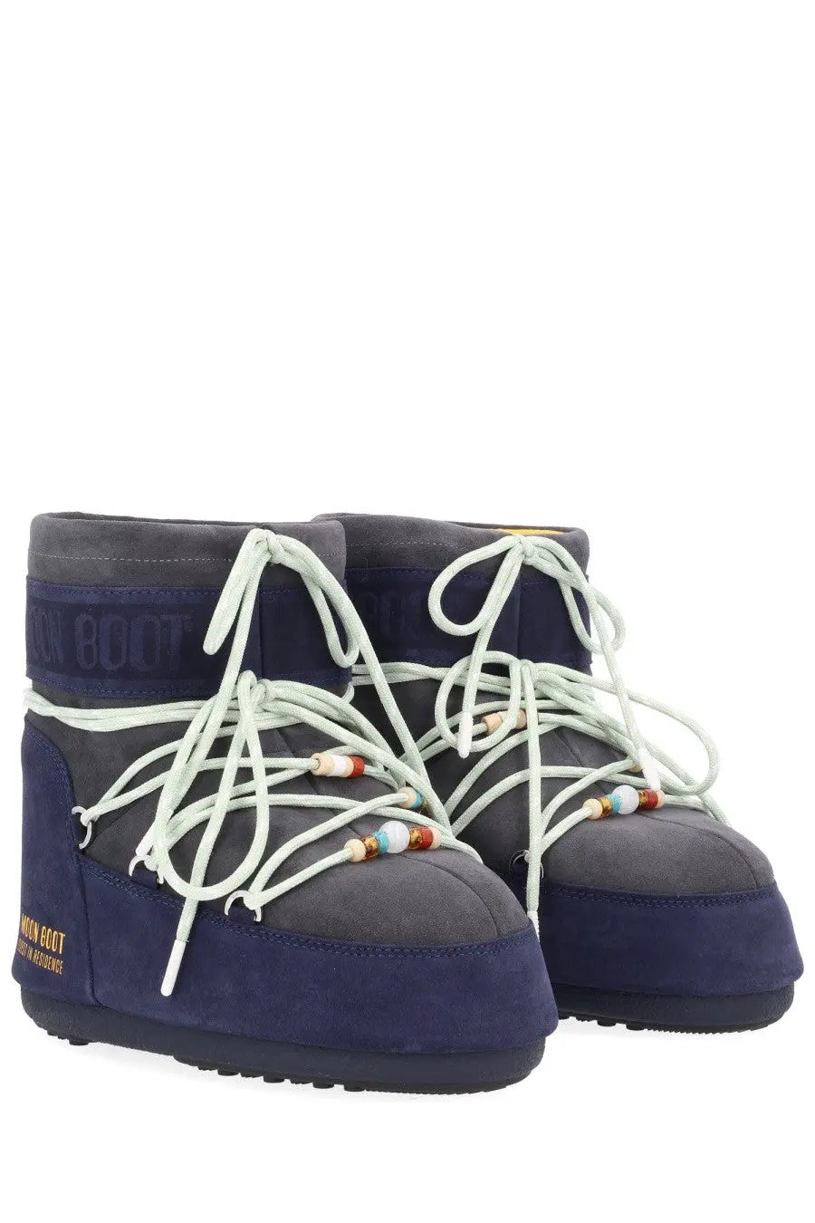 Moon boot women’s guest in residence winter boots in navy blue suede with light green laces and colorful bead accents
