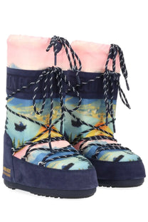 Moon Boot women’s moon boot guest in residence boot blue navy suede with vibrant painterly landscape print
