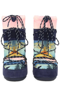 Moon boot women’s moon boot guest in residence boot blue navy suede with vibrant landscape print and pink plush lining