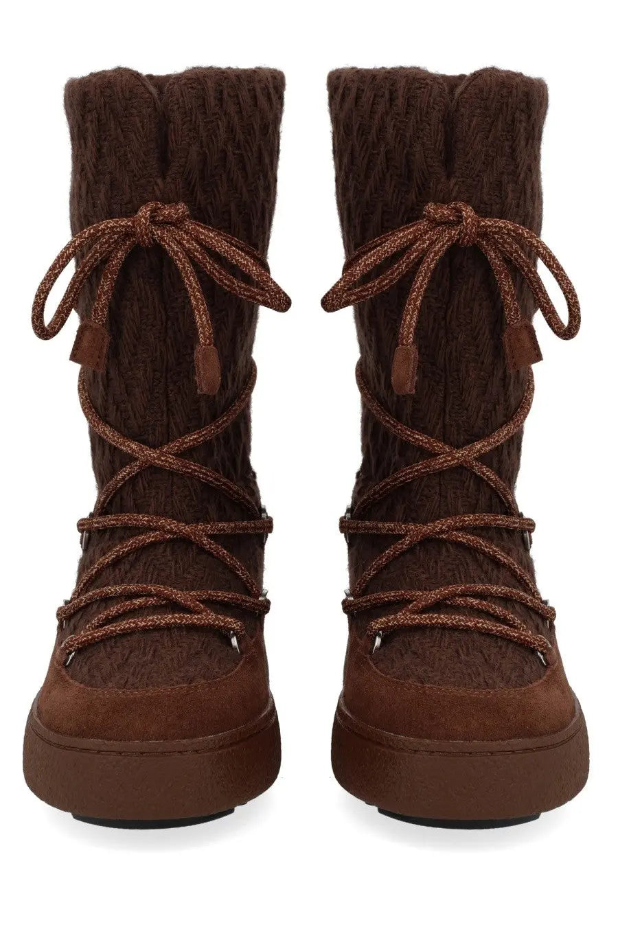 Brown knitted winter moon boot guest in residence boot with matching laces and suede sole for women