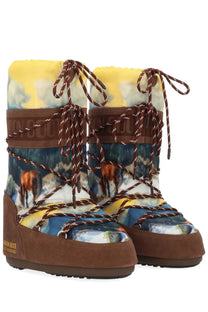Brown suede moon boot with vibrant painterly horse and landscape print in blues yellows and browns for women