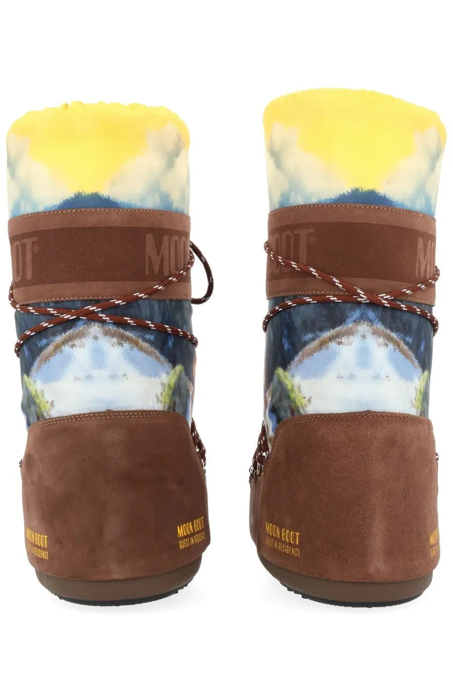 Brown suede moon boot women’s moon boot guest in residence boot with vibrant mountain print and brown laces