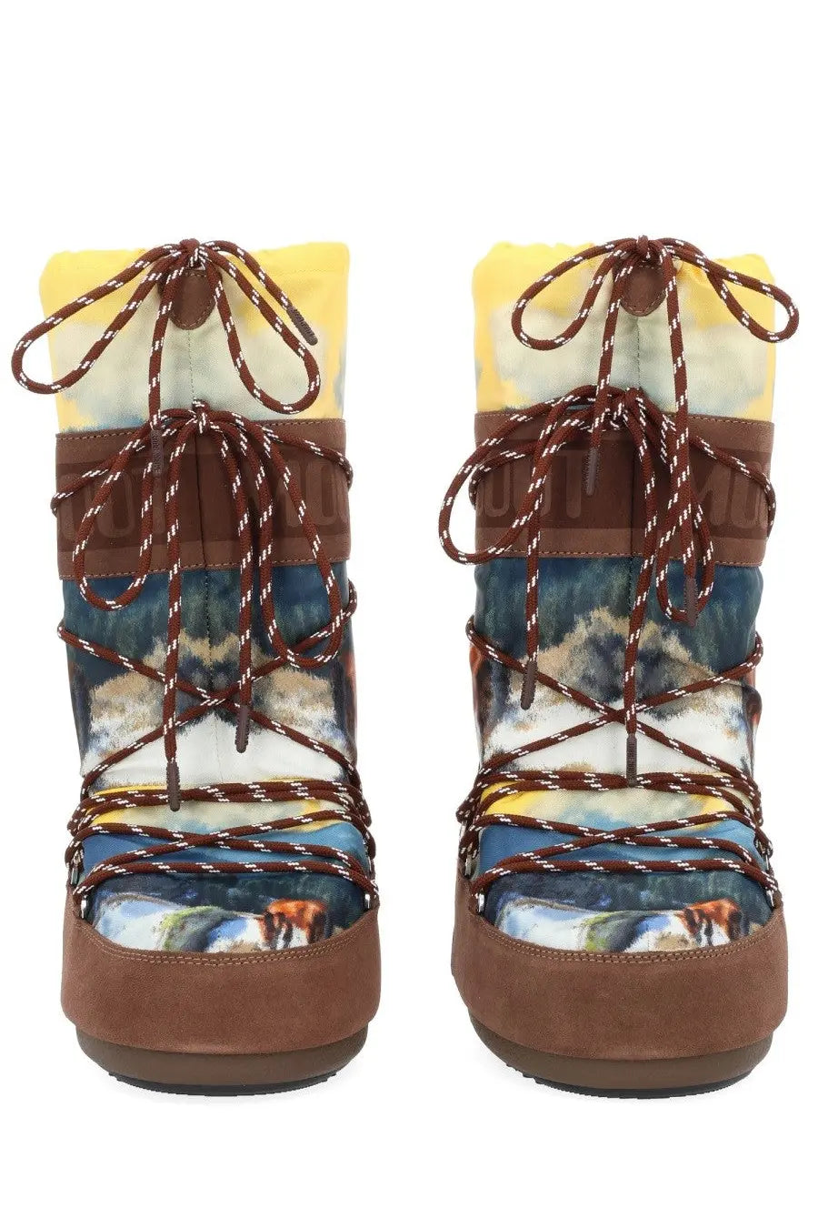 Brown and yellow patterned moon boot women’s guest in residence winter boots with scenic landscape print