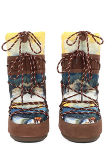 Brown and yellow patterned moon boot women’s guest in residence winter boots with scenic landscape print