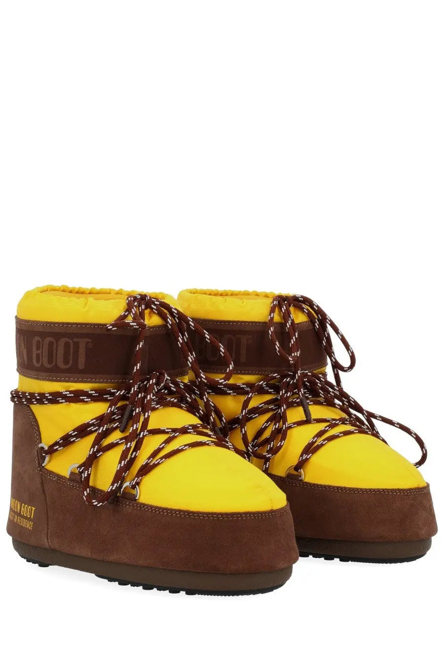 Moon Boot women’s moon boot guest in residence winter boots in bright yellow and brown with suede accents and braided laces