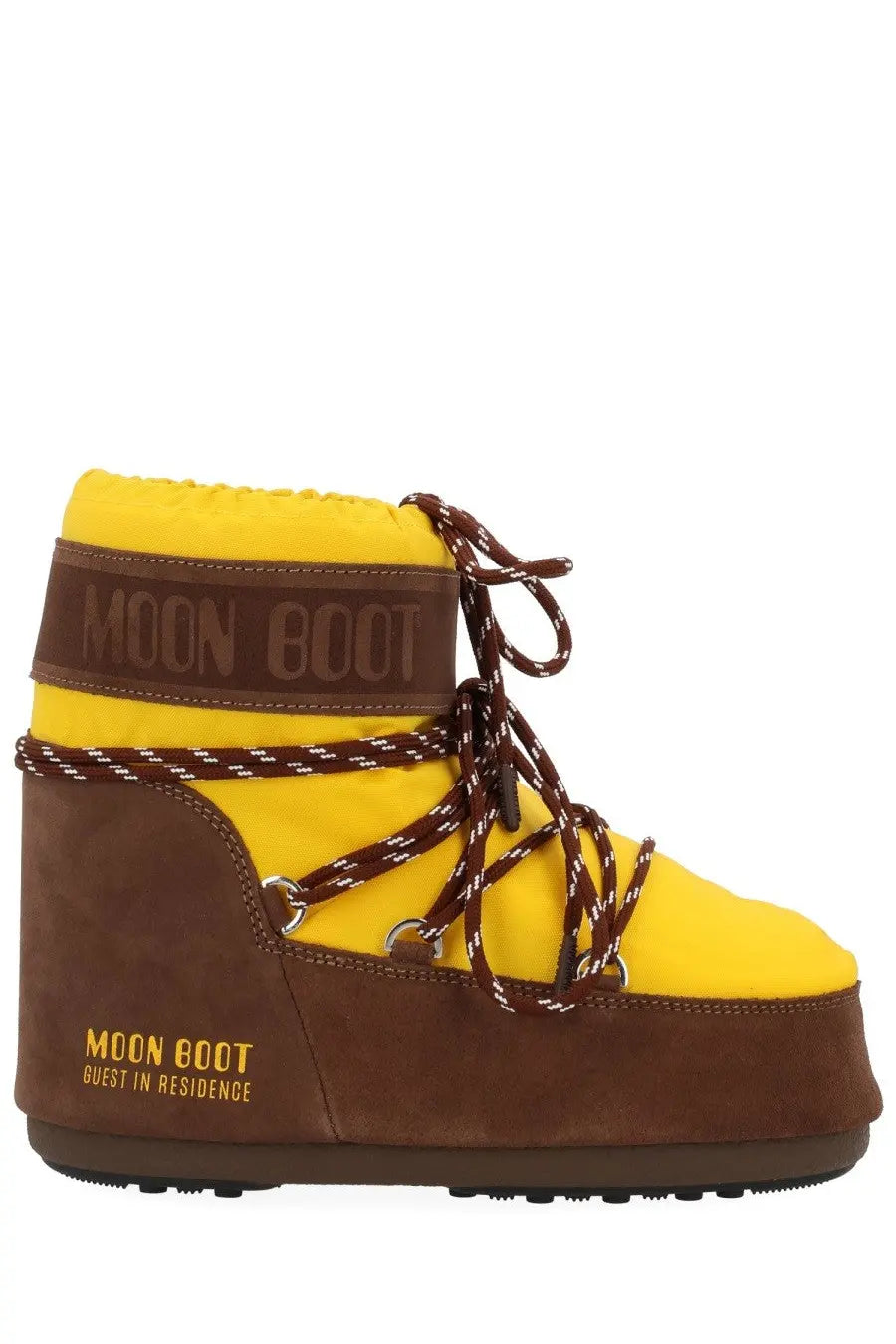 Bright yellow and brown moon boot womens guest in residence boot with suede accents braided laces and chunky sole