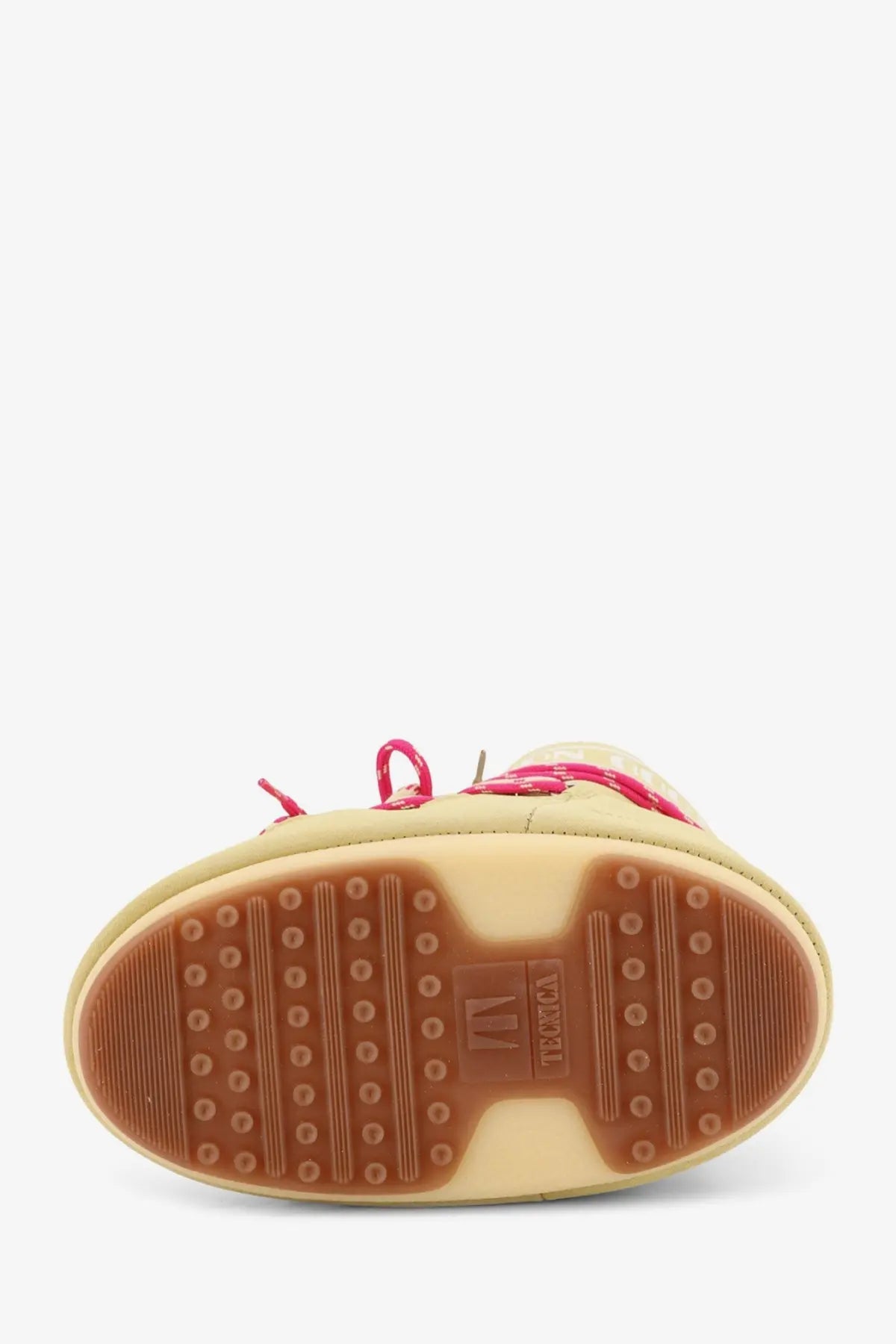 Moon boot women’s icon low suede boot in beige with pink laces and brown rubber sole featuring moon boot logo
