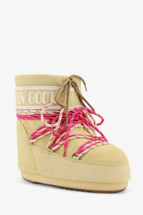 Moon Boot women’s icon low suede boot in beige with vibrant pink and white patterned laces