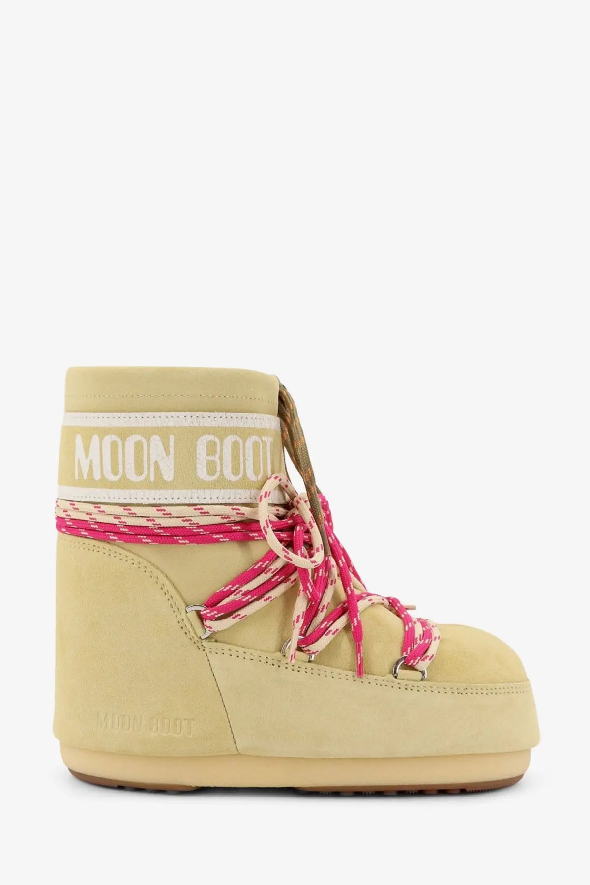 Cream-colored suede moon boot with pink and white woven laces from moon boot women’s icon low suede boots yellow collection