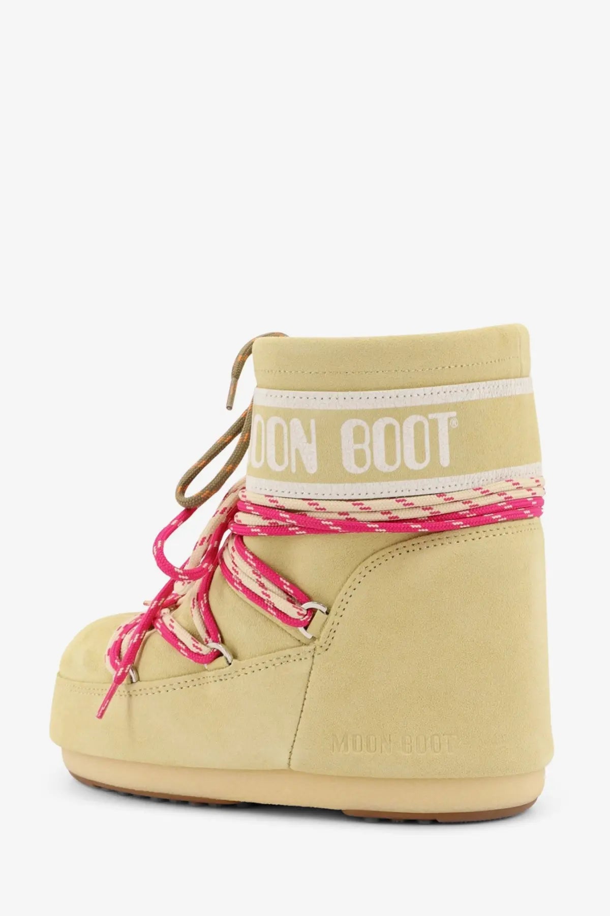 Moon boot womens icon low suede boot in pale yellow with vibrant pink and white laces and ankle logo band