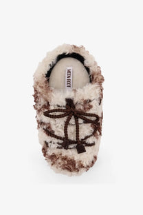 Moon Boot women’s low faux fur sandals with cream and brown curly faux fur and braided dark brown laces tied in a bow