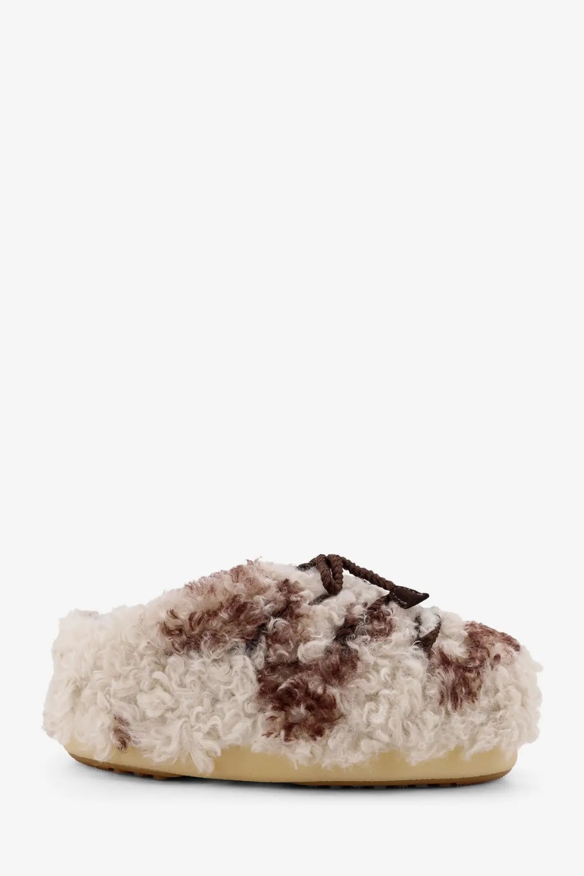 Moon boot women’s low faux fur sandals slip-on mule shoe with cream and brown curly fur and braided leather laces