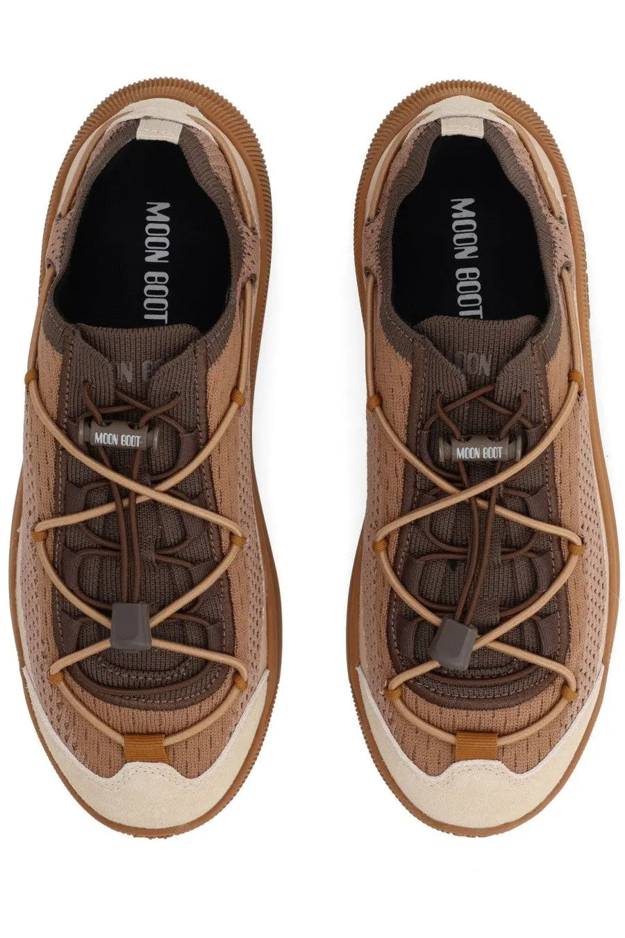 Brown and beige moon boot moonlight sneaker with mesh upper rubber laces and chunky soles for women