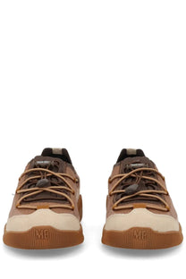 Brown and beige suede moon boot women’s moonlight sneaker with chunky sole and mb logo on the back heel