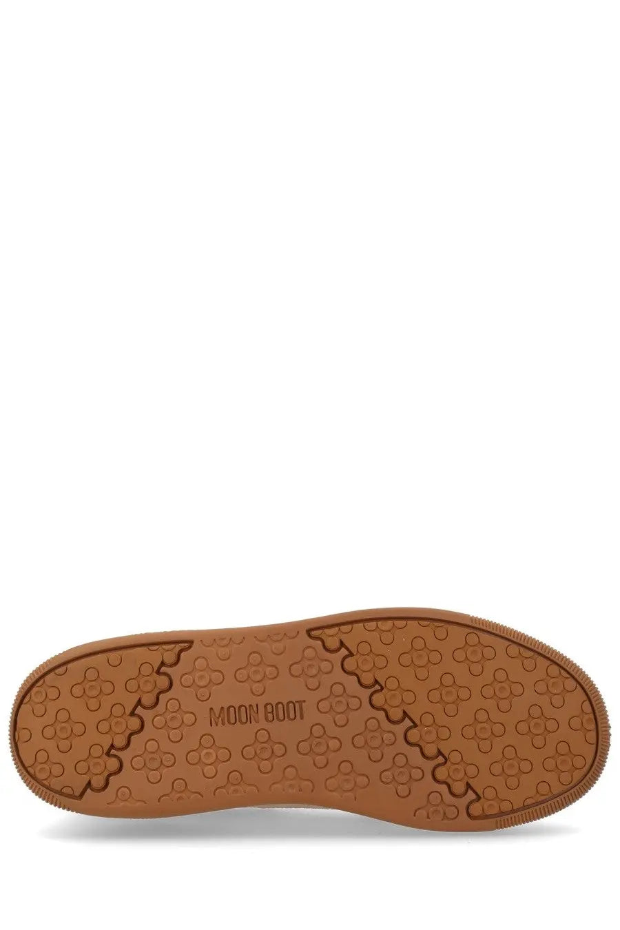 Tan rubber sole with distinctive cloverleaf tread and embossed moon boot text on women’s moonlight sneaker brown heel
