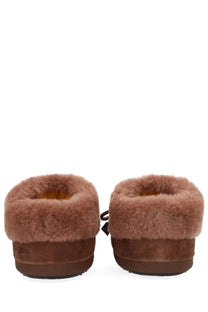 Brown suede moon boot women’s boot mule evx chalet with plush fur lining and soft cozy interior slippers