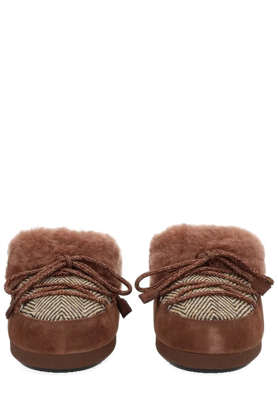 Moon Boot women’s brown suede boot mule with plush fur lining and herringbone fabric accents for cozy wear