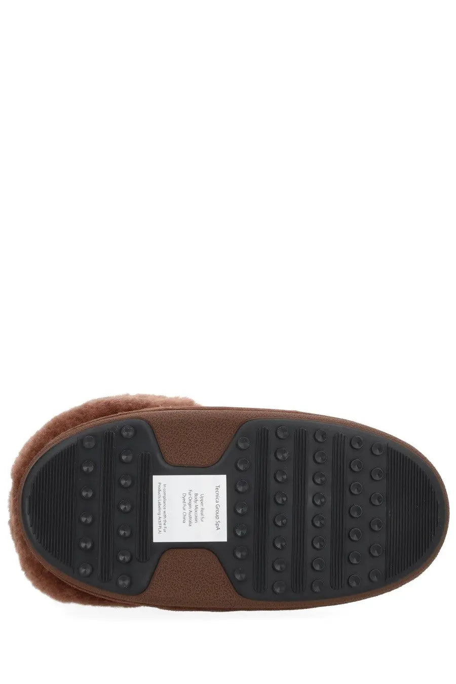 Moon boot women’s brown suede boot mule with plush lining and black rubber sole with circular traction dots