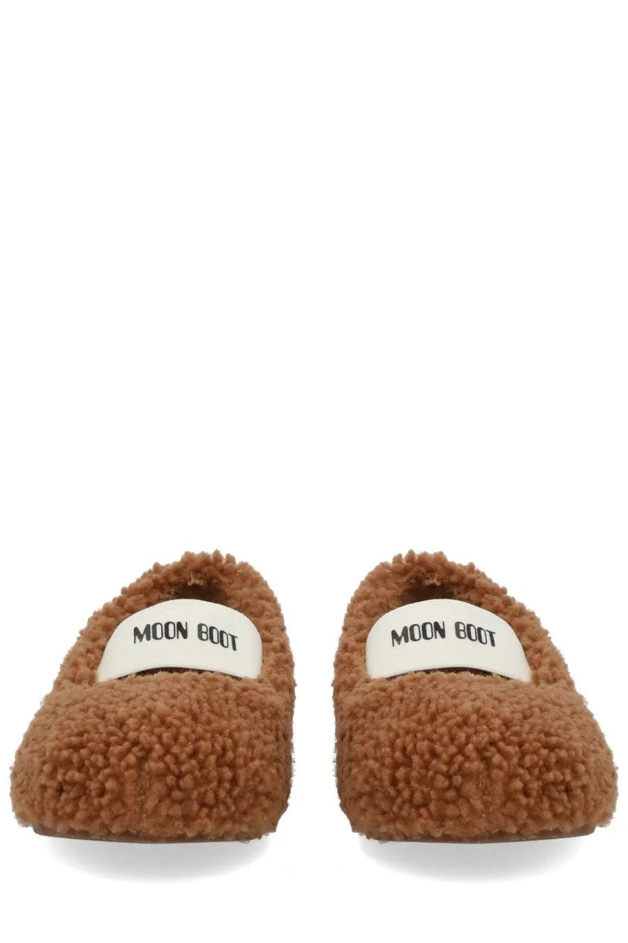 Moon boot women’s shearling ballerina brown fuzzy slip-on boots with white moon boot label on top