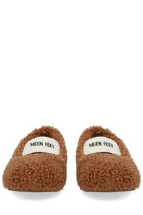 Moon boot women’s shearling ballerina brown fuzzy slip-on boots with white moon boot label on top