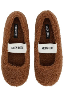 Moon boot women’s shearling ballerina brown fuzzy slip-on shoes with white strap accents and moon boot branding