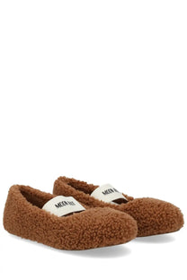 Moon boot women’s shearling ballerina brown loafers with brown shearling and white branded strap across the instep