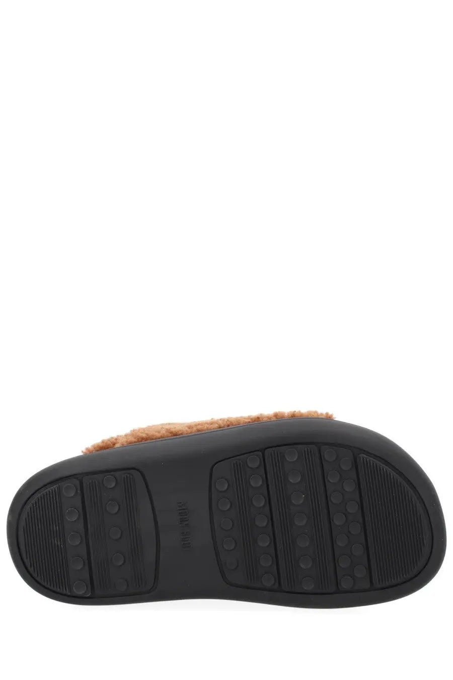 Moon boot women’s shearling sandal brown with black rubber sole textured grip and tan faux fur trim visible from the back