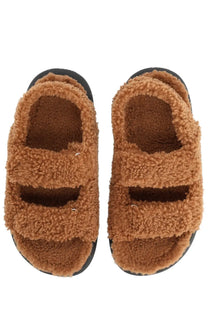 Brown fuzzy shearling sandals with black rubber soles from moon boot womens shearling sandal brown collection