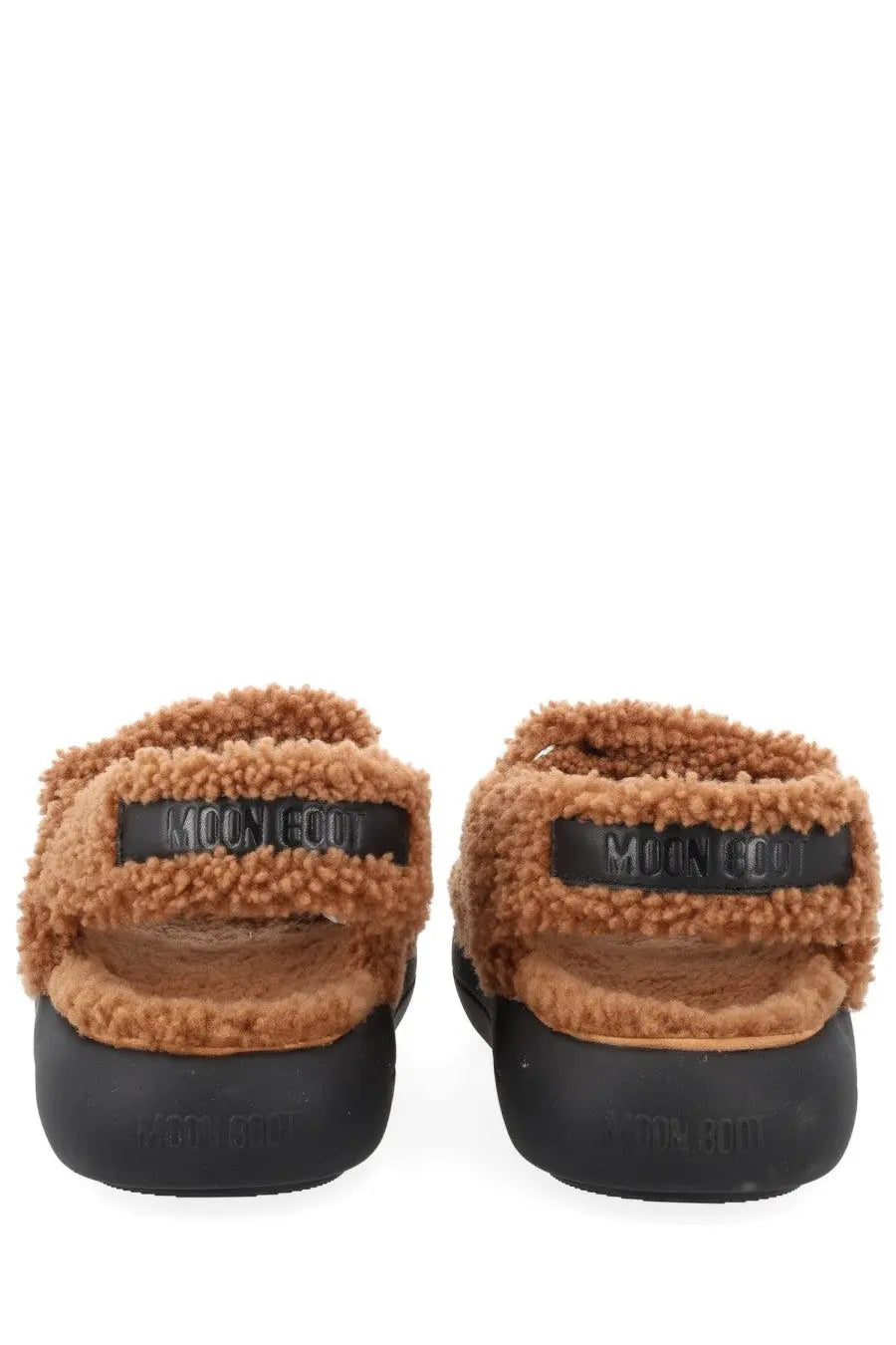 Moon Boot women’s shearling sandal brown in tan fuzzy shearling with black rubber soles and branded strap