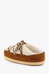 Brown suede moon boot womens slip-on mule with cream shearling lining and patterned laces in white