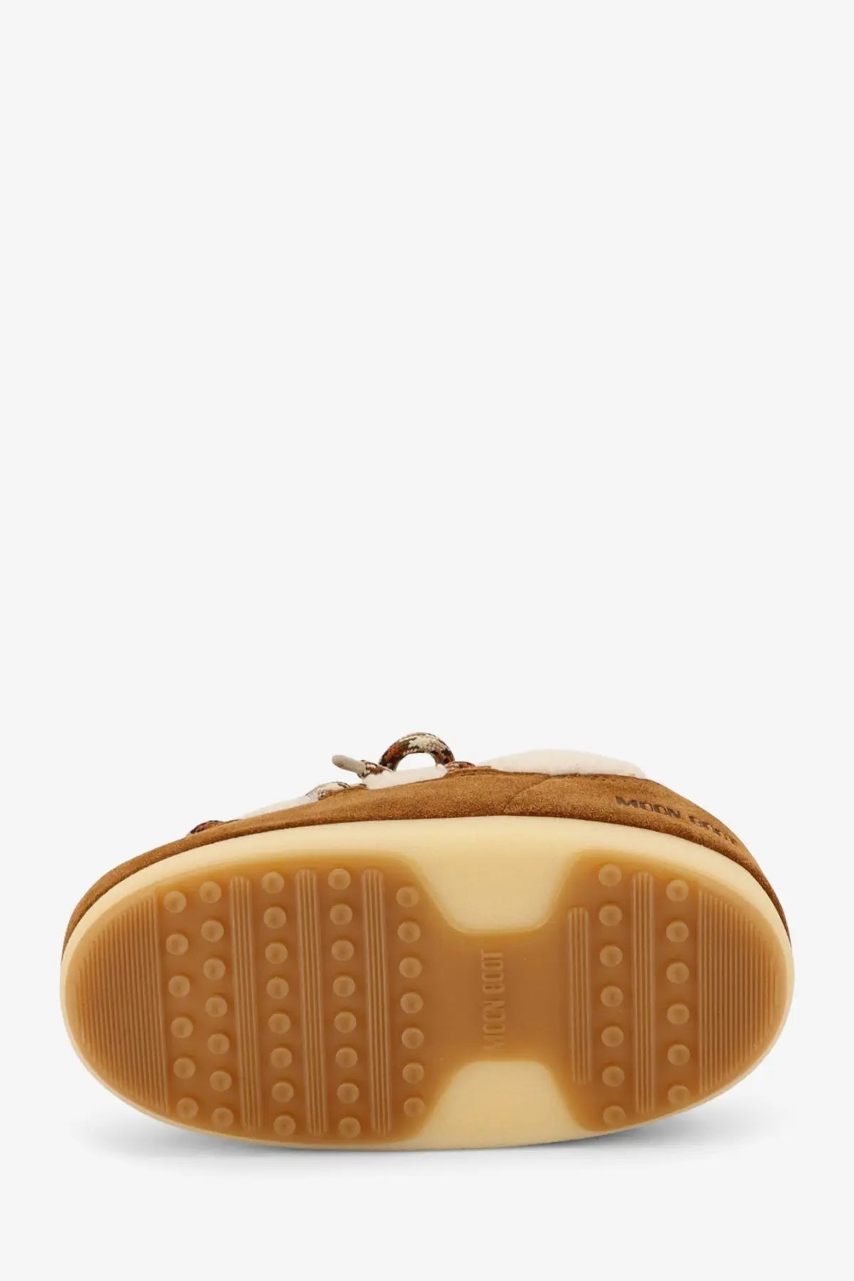 Moon boot women’s shearling and suede slip in brown suede with tan rubber sole and white shearling lining