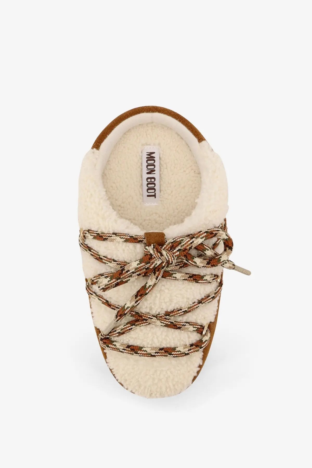 Cream-colored moon boot women’s shearling-lined suede slip-on boot with brown cream patterned laces and moon boot label inside