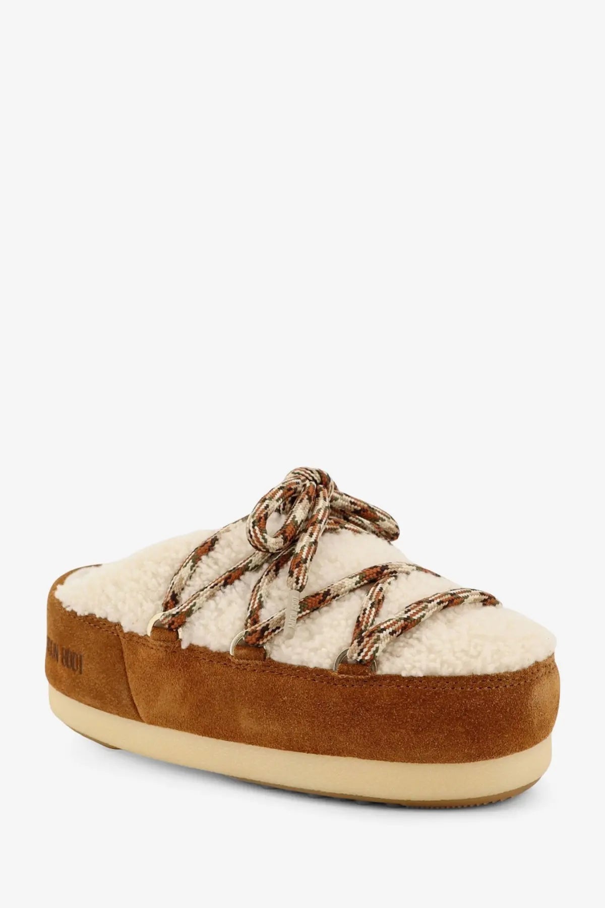 Moon boot women’s shearling and suede slip white cream-colored shearling mule with brown suede accents and patterned laces