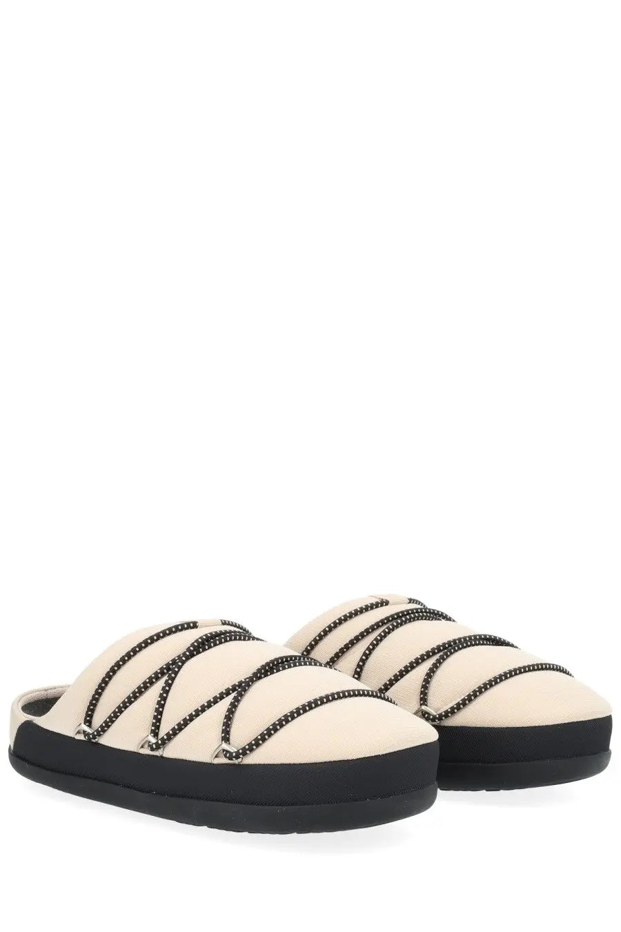 Moon Boot women’s soft slipper shoe beige cream suede mules with black beaded straps and thick black rubber sole