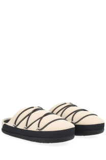 Moon Boot women’s soft slipper shoe beige cream suede mules with black beaded straps and thick black rubber sole
