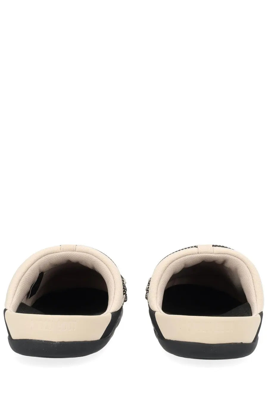 Moon Boot women’s beige leather slide sandals with black rubber soles and decorative chain detailing on the sides