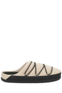 Beige suede moon boot women’s soft slipper slide sandal with black chain straps and thick black rubber sole