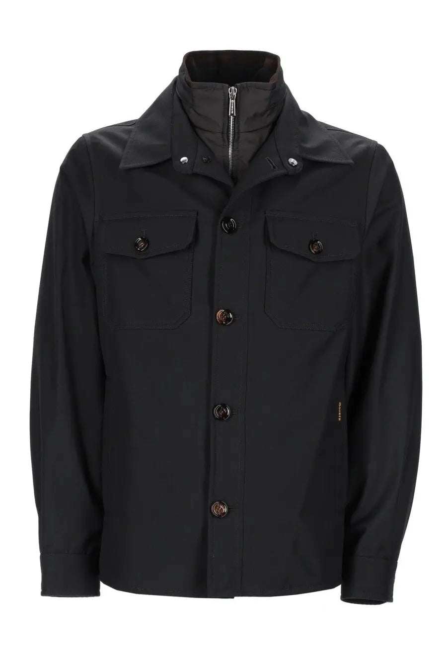 MooRER men’s giacca dulac grey utility jacket with high collar, front button closure, and two chest pockets